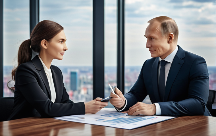 펀드투자상담사와 고객 중심의 상담 기법 - **Prompt:** A trustworthy Russian male financial advisor, impeccably dressed in a dark suit, sits ac...
