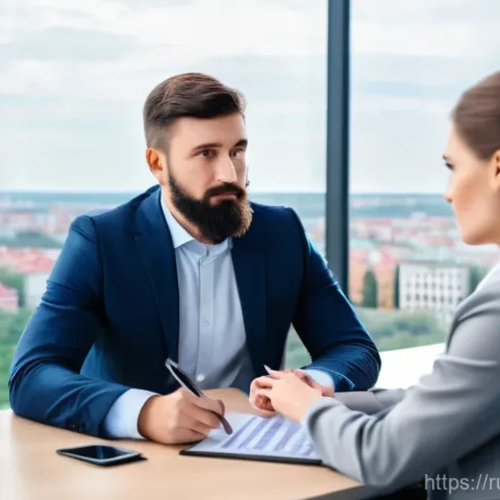 펀드투자상담사 직업 만족도 인터뷰 - **Investment Consultant Guiding a Client in a Modern Russian Office**
    A professional, empathetic...