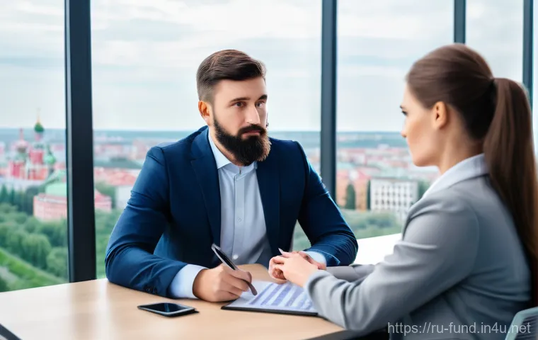 펀드투자상담사 직업 만족도 인터뷰 - **Investment Consultant Guiding a Client in a Modern Russian Office**
A professional, empathetic...