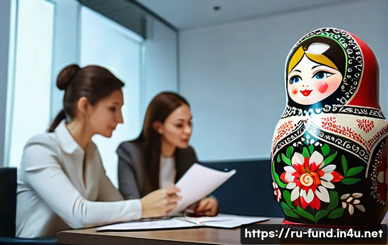 펀드투자상담사와 고객 중심의 투자 계획 - A professional financial advisor meeting with a diverse Russian family in a modern office, discussin...