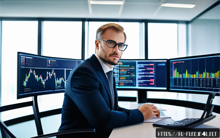 펀드투자상담사로서 주의해야 할 금융 리스크 - A professional financial advisor in a modern office environment, sitting at a sleek desk with multip...