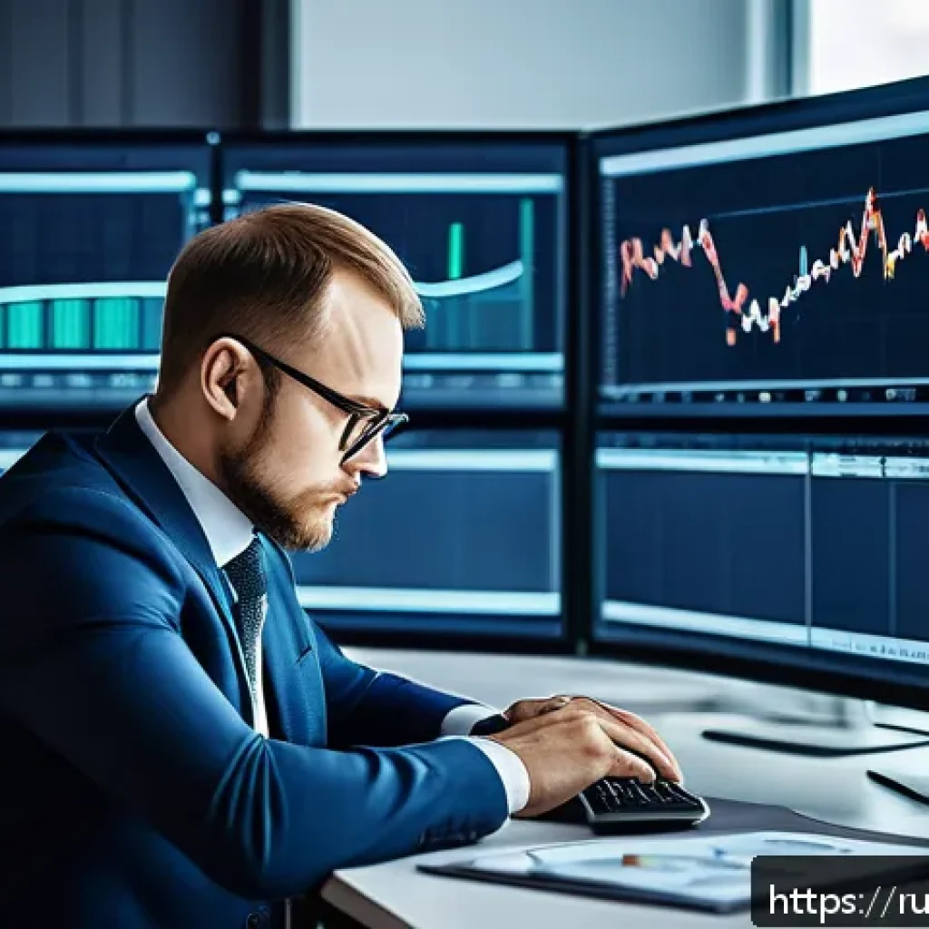 펀드투자상담사 필수 서적 추천 - A professional Russian financial consultant in a modern office setting, analyzing stock market chart...