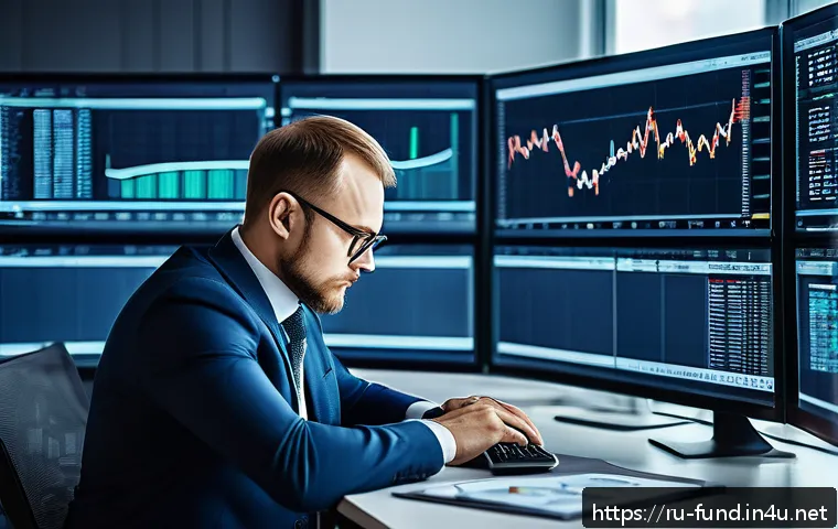 펀드투자상담사 필수 서적 추천 - A professional Russian financial consultant in a modern office setting, analyzing stock market chart...