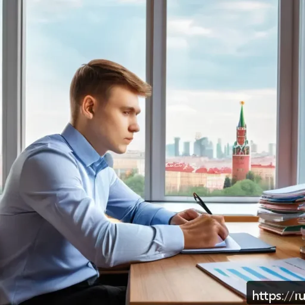 펀드투자상담사 실기시험 준비법 - A modern study environment featuring a young Russian professional sitting at a wooden desk covered w...