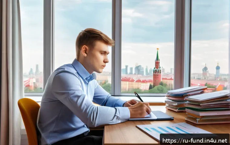 펀드투자상담사 실기시험 준비법 - A modern study environment featuring a young Russian professional sitting at a wooden desk covered w...
