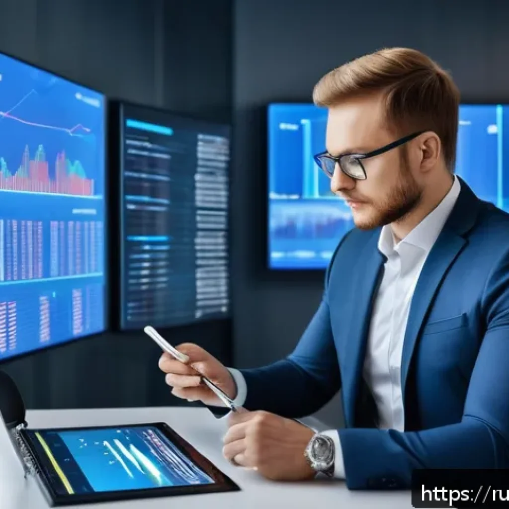 펀드투자상담사 직무 기술 트렌드 - A modern Russian investment consultant in a sleek, high-tech office environment, interacting with mu...