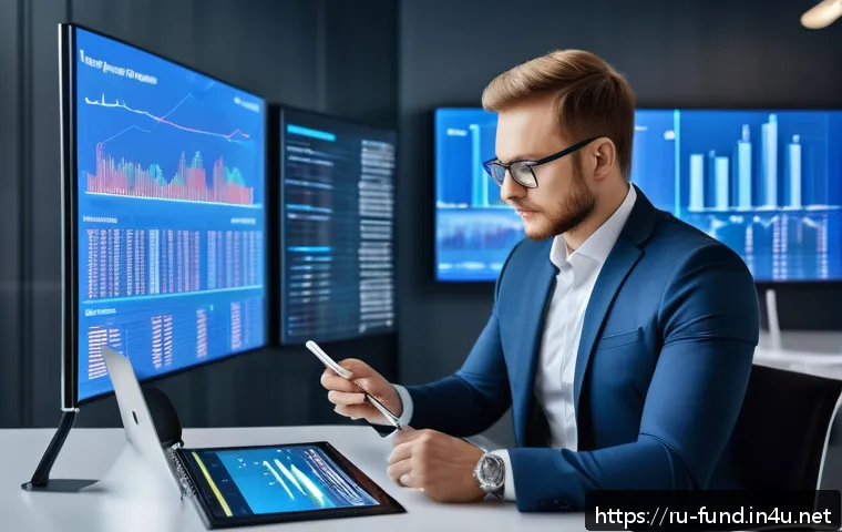 펀드투자상담사 직무 기술 트렌드 - A modern Russian investment consultant in a sleek, high-tech office environment, interacting with mu...