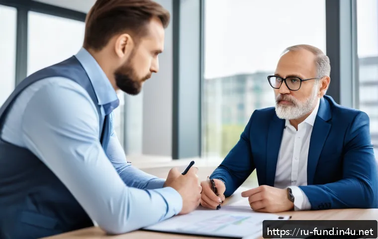 펀드투자상담사로서 고객 만족도 향상 방법 - A professional financial advisor attentively listening to a middle-aged Russian client in a modern o...
