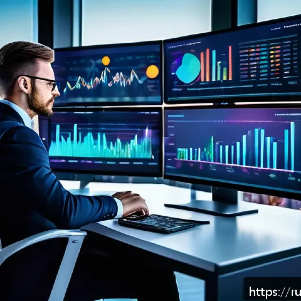 펀드투자상담사와 금융 데이터 분석 기법 - A modern financial analyst workspace with multiple high-resolution monitors displaying dynamic, colo...
