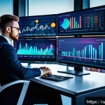 Home 19 펀드투자상담사와 금융 데이터 분석 기법 - A modern financial analyst workspace with multiple high-resolution monitors displaying dynamic, colo...