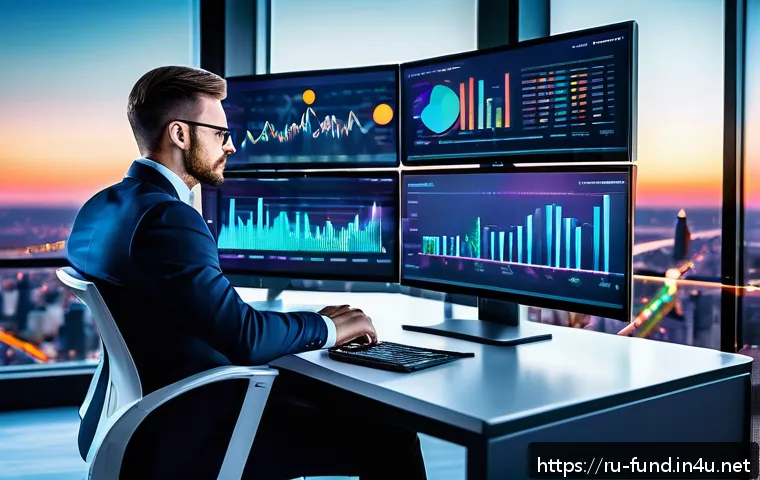 펀드투자상담사와 금융 데이터 분석 기법 - A modern financial analyst workspace with multiple high-resolution monitors displaying dynamic, colo...