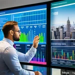 Home 18 펀드투자상담사 업무 효율성을 높이는 도구 - A modern financial advisor in a sleek office setting, interacting with a large transparent touchscre...