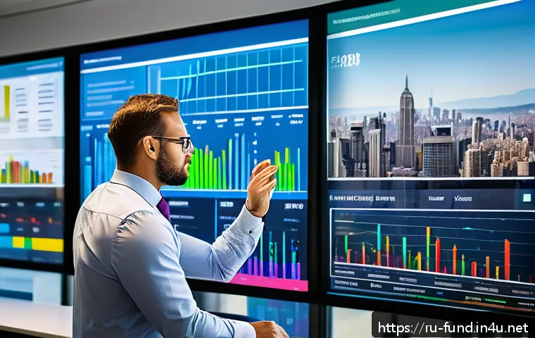 펀드투자상담사 업무 효율성을 높이는 도구 - A modern financial advisor in a sleek office setting, interacting with a large transparent touchscre...