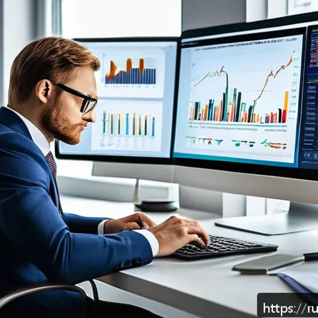 펀드투자상담사와 금융 상품 활용 사례 - A modern Russian investor at a sleek home office desk, analyzing diverse financial charts on multipl...