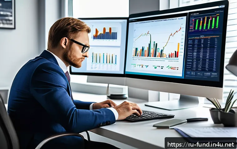펀드투자상담사와 금융 상품 활용 사례 - A modern Russian investor at a sleek home office desk, analyzing diverse financial charts on multipl...