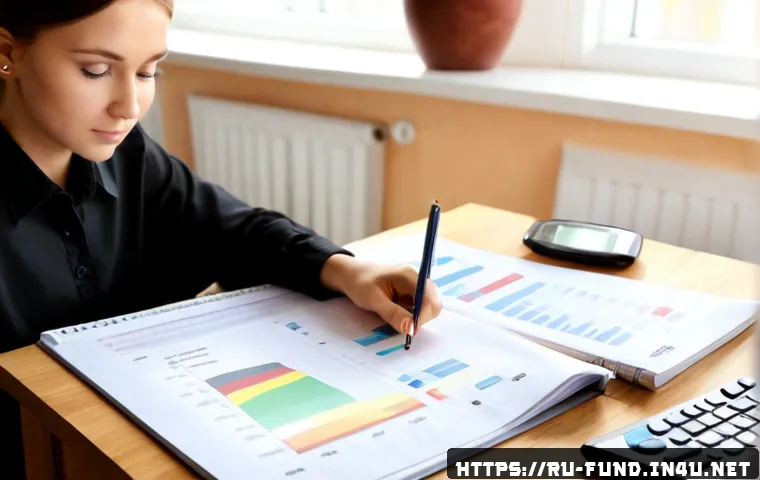 펀드투자상담사 필수 공부 과목 - Photorealistic Russian financial certification study scene, focused adult student at a tidy wooden d...