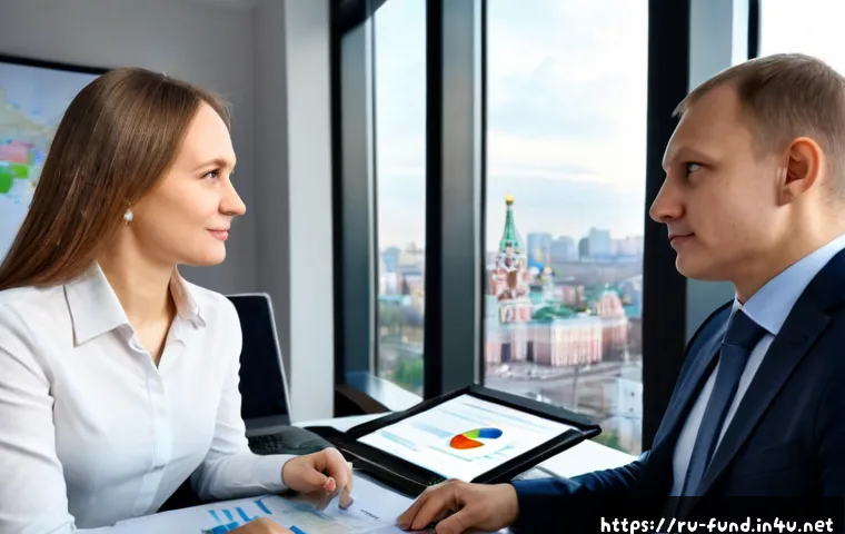 Home 30 펀드투자상담사 직업군의 다변화 - Photorealistic modern financial consultation in Moscow: a confident Russian investment adviser in pr...
